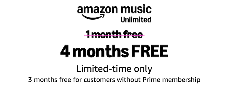 Amazon Music Unlimited – Enjoy a Free 3 or 4-Month Trial + Monthly Audible Audiobook
