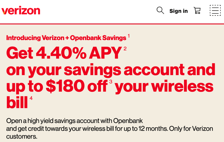 Verizon + Openbank High-Yield Savings: Earn 4.40% APY and Up to $180 in Verizon Bill Credits