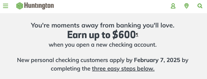Huntington Bank $600 Checking Bonus 2025 – No Direct Deposit Needed (Available in Select States)